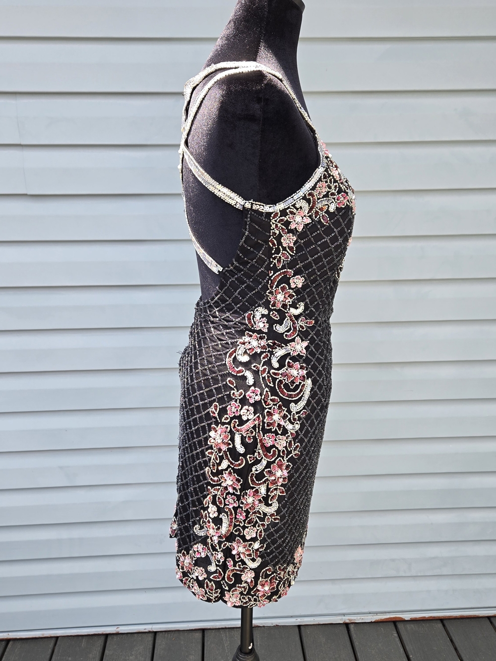 Primavera Couture Women's Size 2 Black Sequined Beaded Floral Lattice Mini Dress - Picture 9 of 10